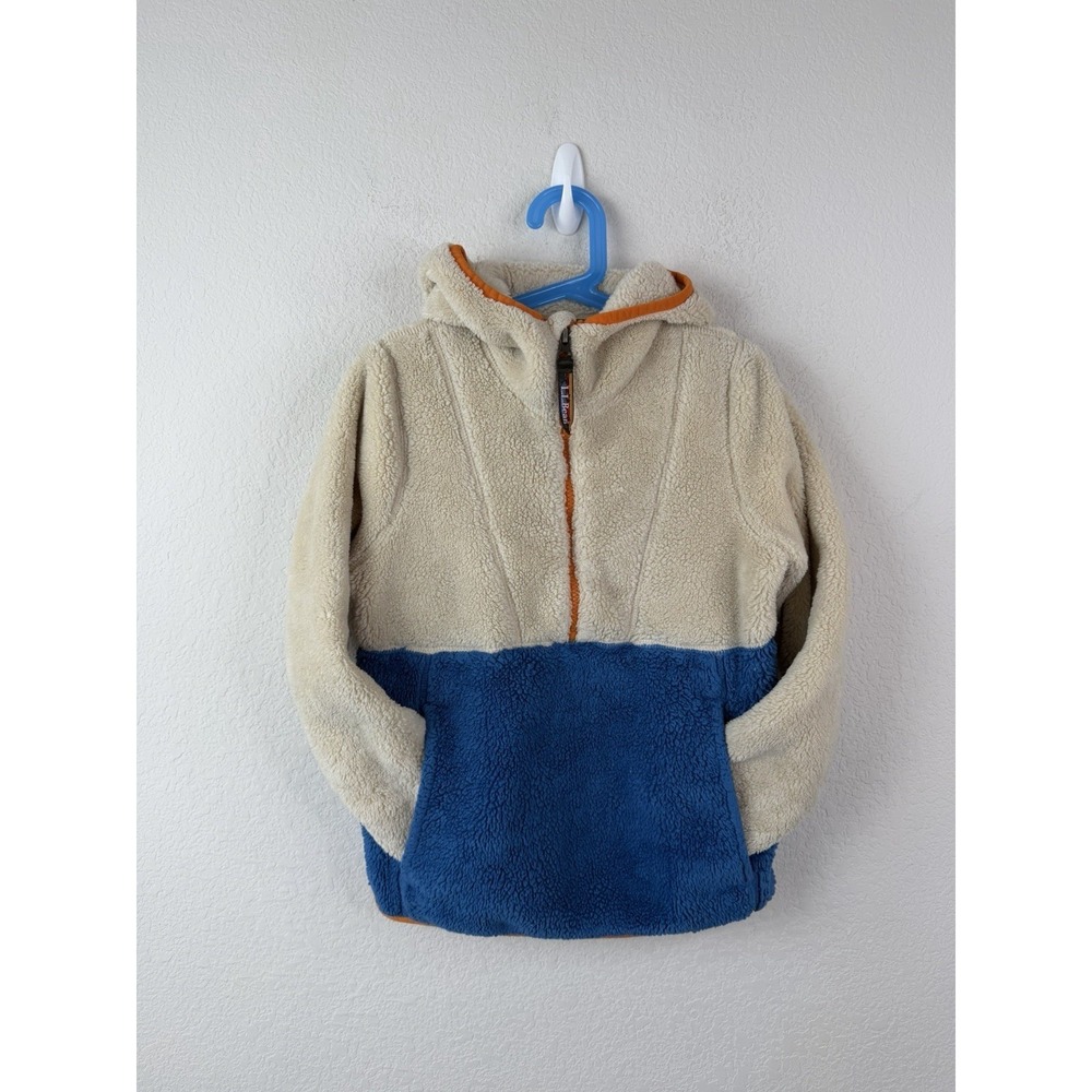 L.L.Bean Kids Sherpa Fleece Hoodie Blue Cream Full Zip Jacket Size 8 Outdoor